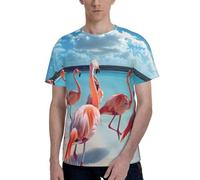 Flock of Pink Flamingos on the Beach Stampa Moda Girocollo T-Shirt Confortevole Versatile Casual Escursioni Varie Scene, Nero , XL