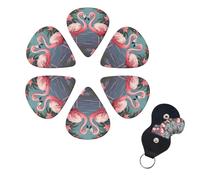 Flock of Tropical Flamingos - Confezione da 6 plettri per chitarra in celluloide di 3 diversi spessori, con supporto per plettro, per chitarra acustica, chitarra elettrica, basso, ukulele