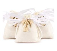 FLOFIA 24pz Sacchetti Iuta Bomboniere Confetti 10x8cm Sacchetti Bustine Iuta + 24pz Croce Legno Tau + Nastro Raso per Confetti Bomboniere Comunione Battesimo Cresima Nascita Matrimonio