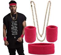 FLOFIA Fascia per il Sudore Polsino Neon Collana Hip Hop Rapper Oro Set Travestimento Costume '80 Anni Vintage Accessori per 1980s per Uomo Donna Festa Carnevale
