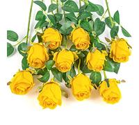 Flojery 10 rose artificiali a stelo lungo in seta finta, per bouquet di nozze fai da te, centrotavola, decorazione per la casa (giallo)