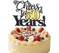 Flomiara 1 topper per torta per 50° compleanno, con glitter e scritta "Happy 50th Birthday", colore oro nero, con glitter, 50 favolose decorazioni per torte per 50° compleanno e anniversario