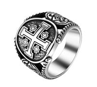 Flonge Anello da uomo con croce di Gerusalemme: anello con sigillo religioso in acciaio inox, stile vintage, amuleto cristiano, idea regalo, 10(T1/2), Metallo