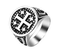 Flonge - Anello da uomo con croce di Gerusalemme, in acciaio inox, con sigillo religioso, ideale come regalo per battesimo cristiano, 9(R1/2), Metallo