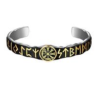 Flonge - Bracciale da uomo con runa: vichingo, in acciaio inox, nero, con emblema runico dorato, misterioso, gioiello norreno, regalo per uomo
