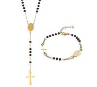 Flongo 2 Pezzi Set Bracciale e Collana con Rosario: Set di Gioielli con Ciondolo a Croce, Vergine Maria Cattolica, Oro Nero, Rosario in Acciaio Inox Regolabile, Catenina Religiosa di Protezione