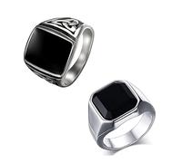 Flongo 2pcs Anello di Fidanzamento da Uomo, Grande Anello di Tenuta con Pietra Nera, Anello Celtico in Acciaio Inossidabile Design Vintage RETR¨°, Nero Argento Taglia Scelta