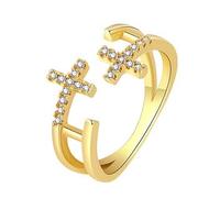 Flongo Anello da donna con doppia croce in oro e zirconia cubica, regolabile, aperto, impilabile, cristiano, religioso, in acciaio inox, regalo per fidanzata, moglie, compleanno, Natale, Pasqua