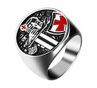 Flongo Anello da uomo con sigillo a forma di cavaliere del tempio: croce medaglia in acciaio inox con sigillo con arcangelo Michele Amuleto Crociato, regalo religioso per cattolico, Acciaio