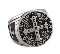 Flongo - Anello da Uomo Medaglia Croce dell'Ordine di San Benedetto di Norcia, in Acciaio Inossidabile, Colore Oro Argento