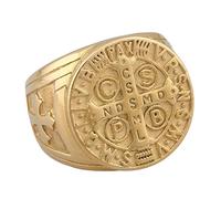 Flongo - Anello da Uomo Medaglia Croce dell'Ordine di San Benedetto di Norcia, in Acciaio Inossidabile, Colore Oro Argento