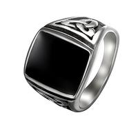 Flongo Anello di Fidanzamento da Uomo, Grande Anello di Tenuta con Pietra Nera, Anello Celtico in Acciaio Inossidabile Design Vintage retr¨°, Nero Argento Taglia 24