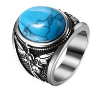 Flongo Anello di San Michele Arcangelo da uomo: anello con sigillo in acciaio inox con targhetta turchese medaglione angelo custode cattolico gioiello regalo religioso per credenti, Acciaio