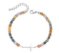 Flongo Bracciale da donna con ciondolo a forma di croce con pietra naturale e croce - fede cristiana amicizia gioielli - regalo per battesimo, compleanno, incoraggiamento ispirazione, Acciaio
