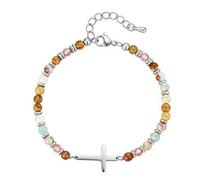 Flongo Bracciale da donna con ciondolo a forma di croce con pietra naturale e croce - fede cristiana amicizia gioielli - regalo per battesimo, compleanno, incoraggiamento ispirazione, Acciaio