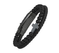 Flongo Bracciale da uomo con croce - Cinturino in pelle nera con perle di onice e incisione sul versetto della Bibbia - Bracciale cristiano regolabile simbolo della fede, gioielli motivanti, regalo di