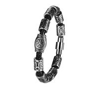 Flongo Bracciale in pelle vichinga, da uomo: acciaio inox, bussola nordica, amuleto, ciondolo con perle 3D, vintage, argento, nero, regalo per padre figlio, uomo