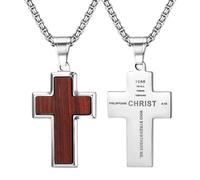 Flongo Collana a croce da uomo: collana con ciondolo religione in legno e acciaio inossidabile con versetto bibblico filippino 4:13 stile gotico punk regalo di Natale, Acciaio inossidabile Legno