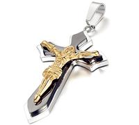 Flongo Collana Ciondolo Fashion CrociFisso Gesu in Acciaio Inossidabile Colore Oro/Nero