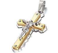 Flongo Collana Ciondolo Fashion CrociFisso Gesu in Acciaio Inossidabile Colore Oro/Nero