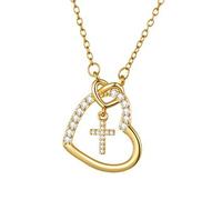 Flongo Collana con ciondolo a forma di cuore a forma di croce per bambine: collana d'oro con zirconi - regalo cristiano per la prima comunione, cresima, Pasqua - Gioielli religiosi per figlia, nipote