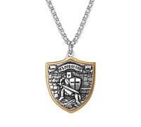 Flongo Collana con ciondolo a forma di scudo di Dio, da uomo, donna, con croce e versetto, in acciaio inossidabile, stile punk, gioiello cristiano, cattolico, regali di Natale, Acciaio inossidabile