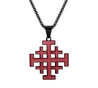 Flongo Collana da uomo con croce di Gerusalemme, in acciaio inox, colore rosso, ciondolo a forma di croce, simbolo di fede, forza coraggio, regalo religioso per uomini, chiesa, battesimo, Pasqua