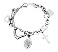 Flongo Maria Bracciale da donna con croce in argento, regolabile, in acciaio inox, con 3 diversi cuori Mia Fiore, collana da preghiera con rosario, gioiello cristiano cattolico per donna e mamma