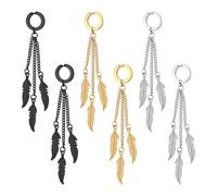 Flongo Orecchini con ciondolo a forma di piuma, unisex: oro, nero, argento, finto plug senza fori per le orecchie, in acciaio inox, gotico, huggie a 3 talloni, ciondolo a forma di piuma, Viking Punk,