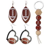 Flongo Orecchini da rugby a forma di cuore, da donna: 3 pezzi, in legno naturale, realizzati a mano, con portachiavi, regalo per gli appassionati di sport e l'amicizia, Pelle sintetica In ecop Ganci