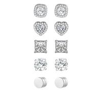 Flongo Orecchini magnetici per uomo e donna - 5 pezzi clip on finto orecchini senza foro per l'orecchio, brillanti zirconi a forma di cuore, rotondi e quadrati, set di gioielli alla moda unisex
