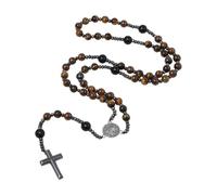Flongo Rosario da uomo con medaglia di San Benedetto - Collana da preghiera marrone in ossidiana e sfere occhio di tigre, gioielli cattolici simbolo di fede e protezione, regalo per uomini, Ossidiana