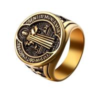 Flongo Saint Benedetto Anello con sigillo per uomo: oro argento, anello religioso, amuleto santo benedetto, in acciaio inox, croce cattolica, esorcismo, anello rotondo, retrò, misura anello da 57 a 71