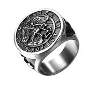 Flongo Saint Michael Anello con sigillo per uomo: oro argento, anello religioso amuleto sacro Michele in acciaio inox, protezione gioielli Signet Ring Religione Rotondo Retro Band Regalo Dimensioni da