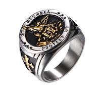 Flongo Saint Michael Anello con sigillo per uomo: oro argento, anello religioso amuleto sacro Michele in acciaio inox, protezione gioielli Signet Ring Religione Rotondo Retro Band Regalo Dimensioni da