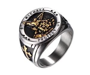 Flongo Saint Michael Anello con sigillo per uomo: oro argento, anello religioso amuleto sacro Michele in acciaio inox, protezione gioielli Signet Ring Religione Rotondo Retro Band Regalo Dimensioni da