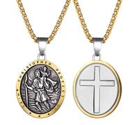 Flongo San Cristoforo collana da uomo: croce San Cristoforo medaglione nero oro ciondolo sacro simbolo di protezione da viaggio cattolica religiosa catena portafortuna amuleto protezione