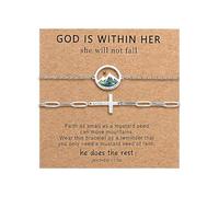 Flongo Set di bracciali da donna e ragazza, 2 pezzi, con croce dorata, gioiello cristiano con scritta in lingua tedesca "Your Faith Can Move Mountains", idea regalo per battesimo, cresima, comunione