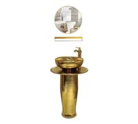 Floor Standing Vanity Sink, Golden Corrugation Sink Washbasin, 3-Pieces Ceramic Column Basin Combo, Faucet/Drain/Mirror(Color:D) (D One Size)