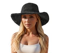 Floppy Big Beach Cappelli di Paglia per le Donne Pieghevole Estate Tesa Larga Pieghevole Pieghevole Cappello Da Sole Oversize Da Donna Viaggio Paglia Fedora Cappello, Nero-4, 7 1/8-7 1/4
