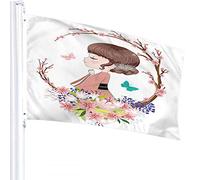 Floral Flag 3x5 FT Cute Praying Japanese Girl with Flower Leaves Butterfly Outdoor Flags Large Welcome Yard Banners Home Garden Yard Lawn Decor