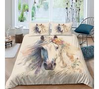 Floral horse portrSet Di Copripiumino microfibra morbida 3 Pezzi stampa di 3D con cerniera Watercolor fantasy copripiumino incluso federe aiosa ultra morbido for coppie Double（200x200cm）