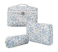 Floral Makeup Bag Set da donna, 3 pezzi trapuntati Cosmetic Travel Bags, Cute Blue Floral Print, Pouch for Brushes, Shampoo, Viso Cleanser, Cotton Quilting, multicolore, Se référer au descriptif,
