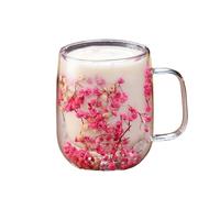 Floral Mug - 450ml Double-Walled Glass Tea Cup with Dried Flowers | Clear Glass Cup with Handle for Coffee Tea Milk Whiskey Beer | Picnic Party Winter Drinkware Elegant Glassware GiftFloral Mug -