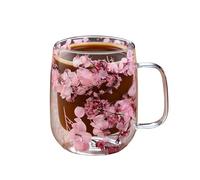 Floral Mug - 450ml Double-Walled Glass Tea Cup with Dried Flowers | Clear Glass Cup with Handle for Coffee Tea Milk Whiskey Beer | Picnic Party Winter Drinkware Elegant Glassware GiftFloral Mug -