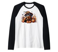 Floral Rottweiler Halloween Graphic with Bats And Pumpkins Maglia con Maniche Raglan