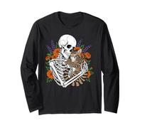 Floral Skeleton Hugging Cat Halloween Gothic Aesthetic Maglia a Manica