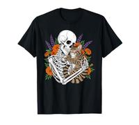Floral Skeleton Hugging Cat Halloween Gothic Aesthetic Maglietta