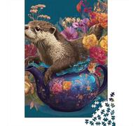 Floral Teapot with Otter Jigsaw Puzzle Impossibili 1000 Pezzi Decorazione Per La Casa. Giochi Rilassamento E Intelligence Per Adulti E Bambini Da 12 Anni 38x26cm/1000pcs