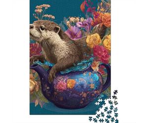Floral Teapot with Otter Jigsaw Puzzle Impossibili 1000 Pezzi Decorazione Per La Casa. Giochi Rilassamento E Intelligence Per Adulti E Bambini Da 12 Anni 38x26cm/1000pcs